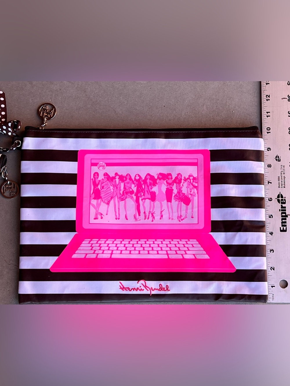 Henri Bendel To Go Tech Pouch Set 3 Brown White Stripe Laptop Tablet Phone Bags - Picture 5 of 12